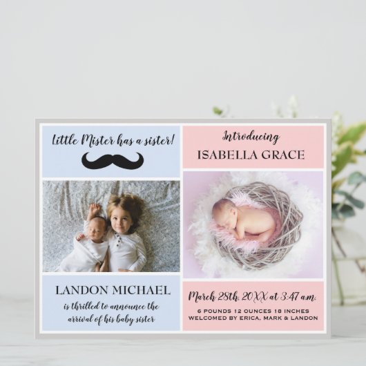 Big Brother Sibling Baby Girl Geboorteaankondiging Kaart (Staand voorkant)