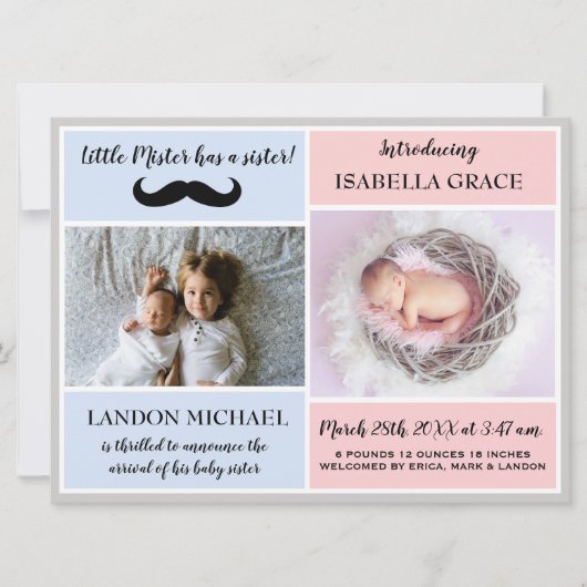 Big Brother Sibling Baby Girl Geboorteaankondiging Kaart (Voorkant)