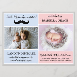 Big Brother Sibling Baby Girl Geboorteaankondiging Kaart