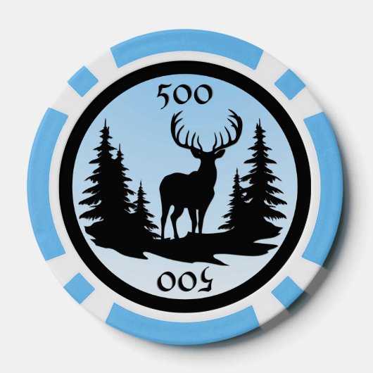 Big Buck Among Pine Trees Toevoegen Bedrag Blauw Poker Chips (Achterkant)