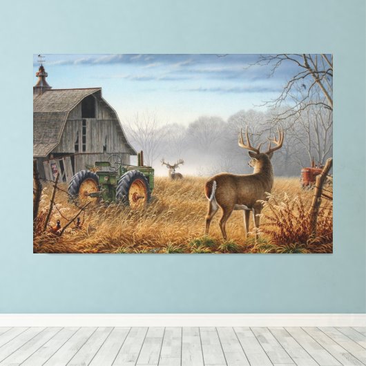 Big Buck Deer schokte op het Boerderij Canvas Afdruk (Insitu (Houten vloer))
