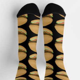 Big Burgers Hamburgers Fun Food Pattern Black Sokken