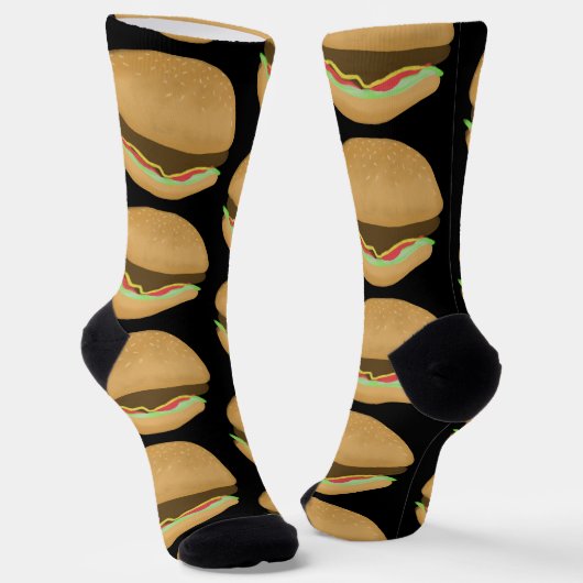 Big Burgers Hamburgers Fun Food Pattern Black Sokken (Gebogen)