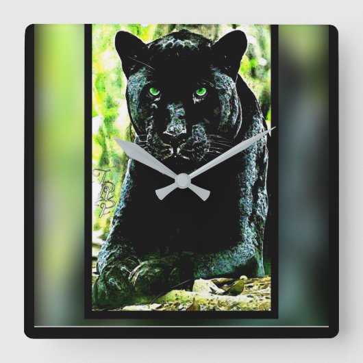 Big Cat-modellen: Green Eyed Black Panther Vierkante Klok (Voorkant)