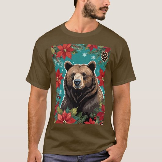 Big Christmas Brown Bear With Poinsettias T-shirt (Voorkant)