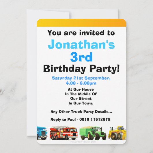 Big Construction Truck 3rd Boy's Birthday Party Kaart (Achterkant)