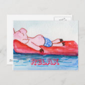 Big Daddy Pig drijvend op vlot op het strand Briefkaart (Voorkant / Achterkant)