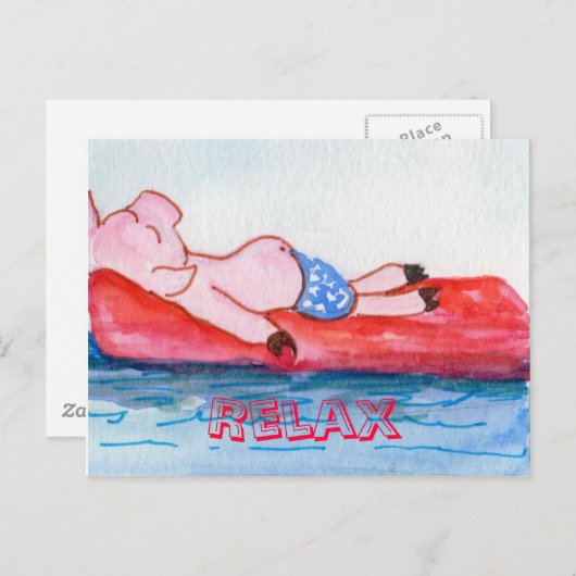 Big Daddy Pig drijvend op vlot op het strand Briefkaart (Voorkant / Achterkant)