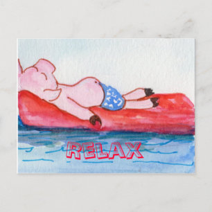 Big Daddy Pig drijvend op vlot op het strand Briefkaart
