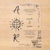 Big Disco Monogram Frans Leuk Hand Getekend Huweli Acryl Uitnodigingen (Voorkant)