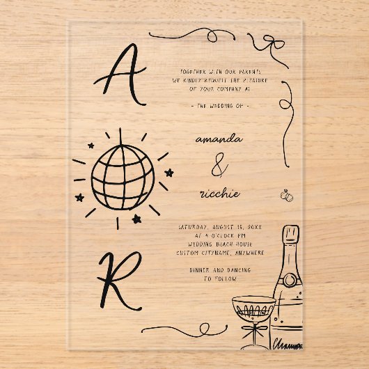 Big Disco Monogram Frans Leuk Hand Getekend Huweli Acryl Uitnodigingen (Voorkant)