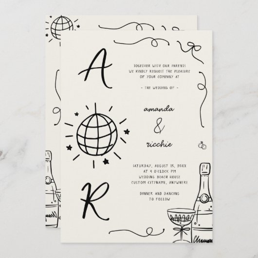 Big Disco Monogram Frans Leuk Hand Getekend Huweli Kaart (Voorkant / Achterkant)