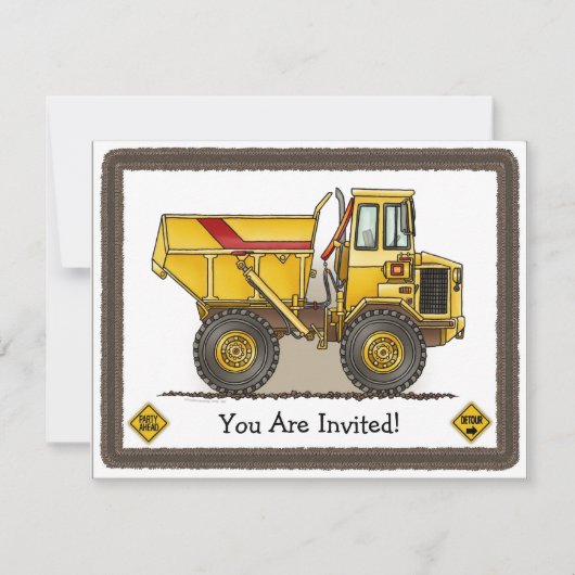 Big Dump Truck Construction Kinder Party Invitatio Kaart (Voorkant)