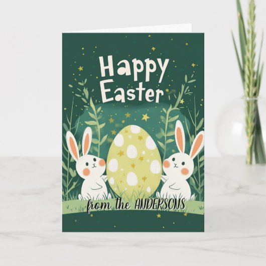 Big Easter Egg en twee konijntjes groen Feestdagen Kaart (Voorkant)