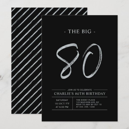 Big Eighty | Zilver & Zwart 80ste verjaardagsfeest Kaart (Voorkant / Achterkant)