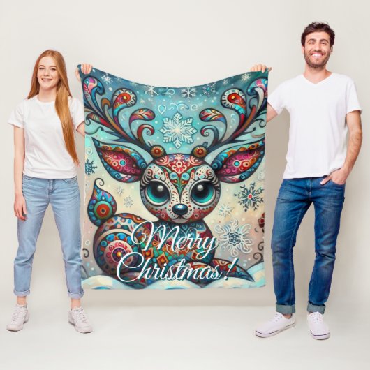 Big Eye Christmas Reindeer Folk Art Personalized Fleece Deken (In situ)