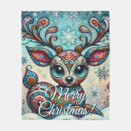 Big Eye Christmas Reindeer Folk Art Personalized Fleece Deken