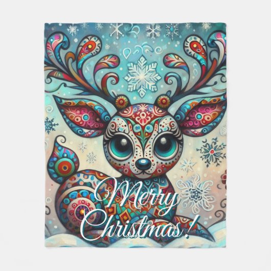 Big Eye Christmas Reindeer Folk Art Personalized Fleece Deken (Voorkant)