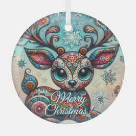 Big Eye Christmas Reindeer Folk Art Personalized Glas Ornament