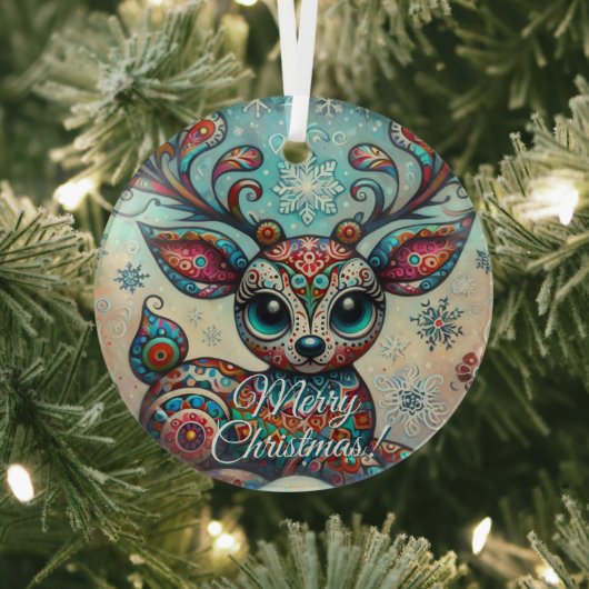 Big Eye Christmas Reindeer Folk Art Personalized Glas Ornament (Insitu)