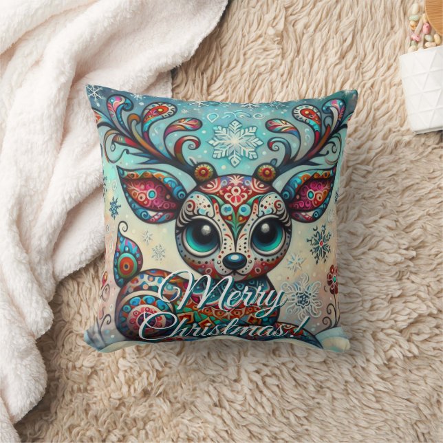 Big Eye Christmas Reindeer Folk Art Personalized Kussen (Deken)