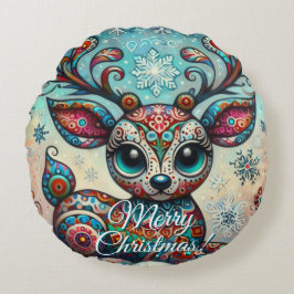 Big Eye Christmas Reindeer Folk Art Personalized Rond Kussen