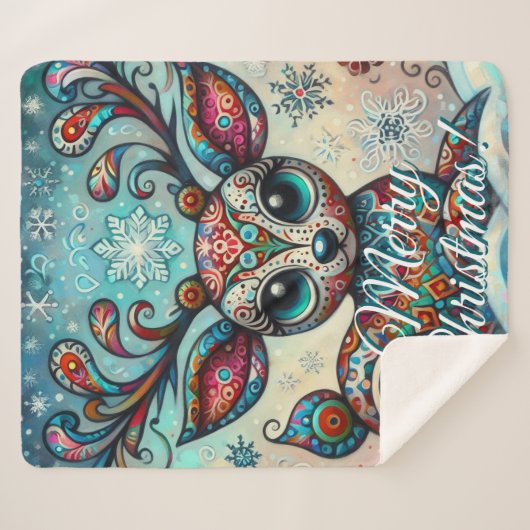 Big Eye Christmas Reindeer Folk Art Personalized Sherpa Deken (Voorkant (horizontaal))