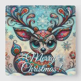 Big Eye Christmas Reindeer Folk Art Personalized Vierkante Klok