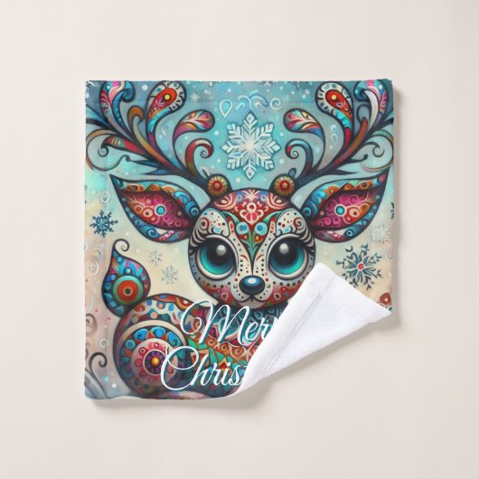 Big Eye Christmas Reindeer Folk Art Personalized Washandje (Wasdoekje)