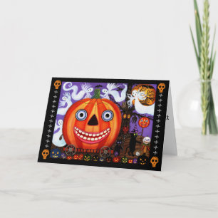 Big Eye Grinning Halloween Pumpkin Black Cats Kaar Kaart