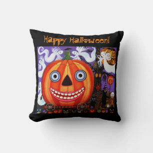 Big Eye Grinning Halloween Pumpkin Black Cats Kussen