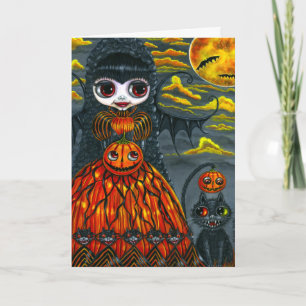 Big Eye Halloween Bat Fairy & Black Cat Cute Kaart
