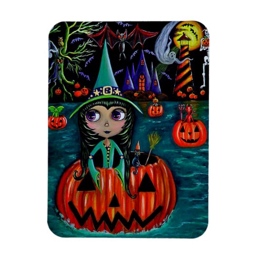 Big Eye Halloween Witch Girl die in een pompoen ro Magneet (Verticaal)