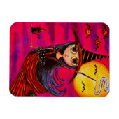 Big Eye Halloween Witch Girl in Stripes Black Cat Magneet (Horizontaal)