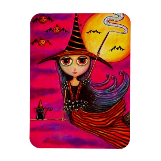 Big Eye Halloween Witch Girl in Stripes Black Cat Magneet (Verticaal)
