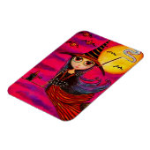 Big Eye Halloween Witch Girl in Stripes Black Cat Magneet (Linkerzijde)