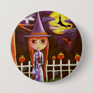 Big Eye Halloween Witch Pumpkins op Fence Owl Ronde Button 7,6 Cm