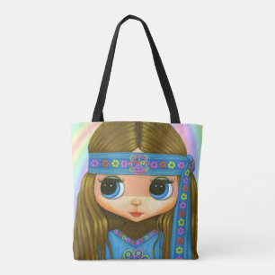 Big Eye Hippie Chick Girl Peace Sign '60 '70 Tote Bag