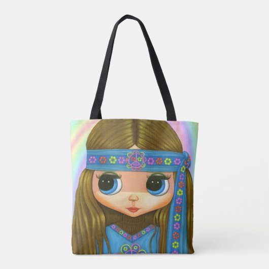Big Eye Hippie Chick Girl Peace Sign '60 '70 Tote Bag (Achterkant)