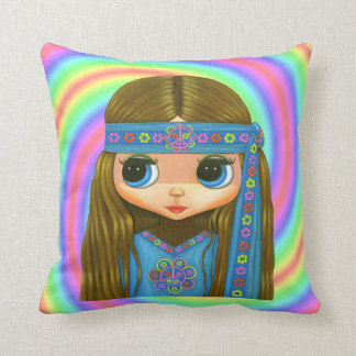 Big Eye Hippie Doll Girl in Blue Headband Kussen