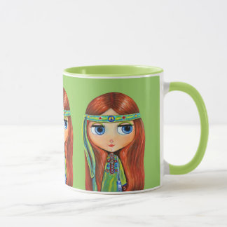 Big Eye Hippie Girl in Groen met Vredesbord Mok