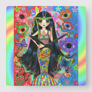 Big Eye Hippie Mermaid Girl Peace Sign 1960 '70 Vierkante Klok
