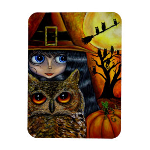 Big Eye Witch Girl en Owl Pumpkin Moon Halloween Magneet