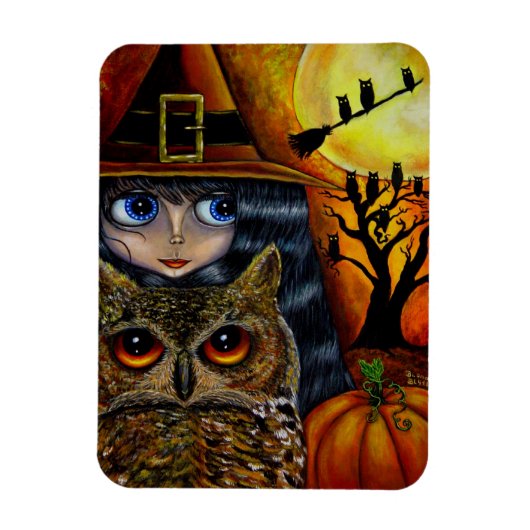 Big Eye Witch Girl en Owl Pumpkin Moon Halloween Magneet (Verticaal)