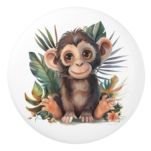 Big Eyed Brown Monkey in Oerwoud Bladeren Keramische Knop (Voorkant)