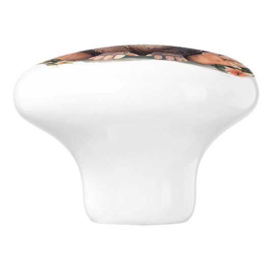 Big Eyed Brown Monkey in Oerwoud Bladeren Keramische Knop (Zijkant)