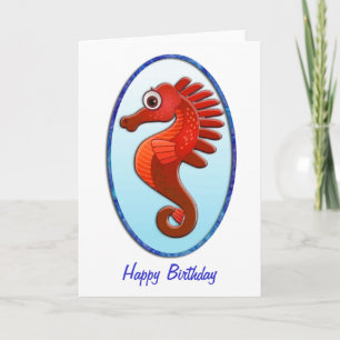 Big Eyed Cartoon Seahorse Birthday Kaart
