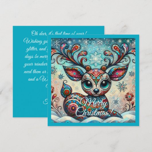 Big Eyed Christmas Reindeer Folk Art Gepersonalise Feestdagenkaart (Voorkant / Achterkant)