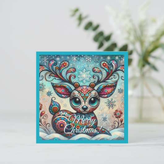Big Eyed Christmas Reindeer Folk Art Gepersonalise Feestdagenkaart (Staand voorkant)