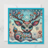 Big Eyed Christmas Reindeer Folk Art Gepersonalise Feestdagenkaart (Voorkant)